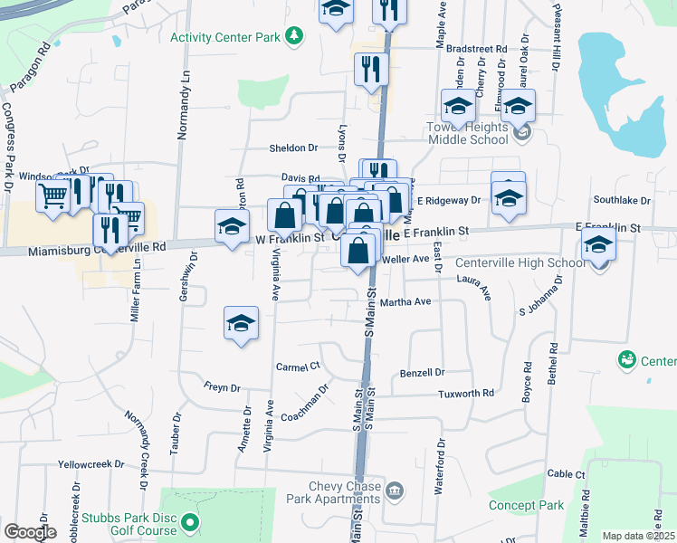 map of restaurants, bars, coffee shops, grocery stores, and more near 50 Country Manor Lane in Dayton