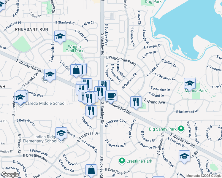 map of restaurants, bars, coffee shops, grocery stores, and more near 16932 East Chenango Avenue in Aurora