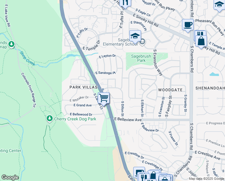 map of restaurants, bars, coffee shops, grocery stores, and more near 14256 East Whitaker Place in Aurora