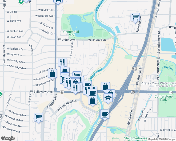 map of restaurants, bars, coffee shops, grocery stores, and more near 4977 South Prince Court in Littleton