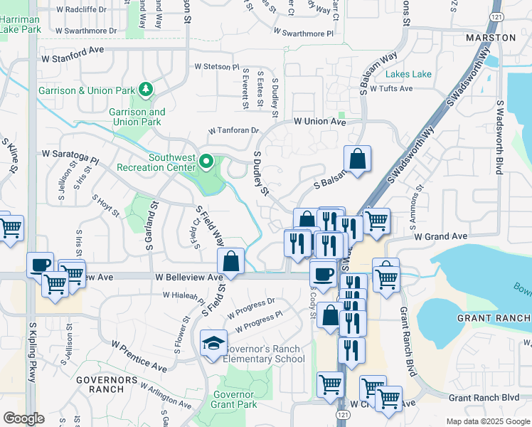 map of restaurants, bars, coffee shops, grocery stores, and more near 4900 South Field Court in Denver