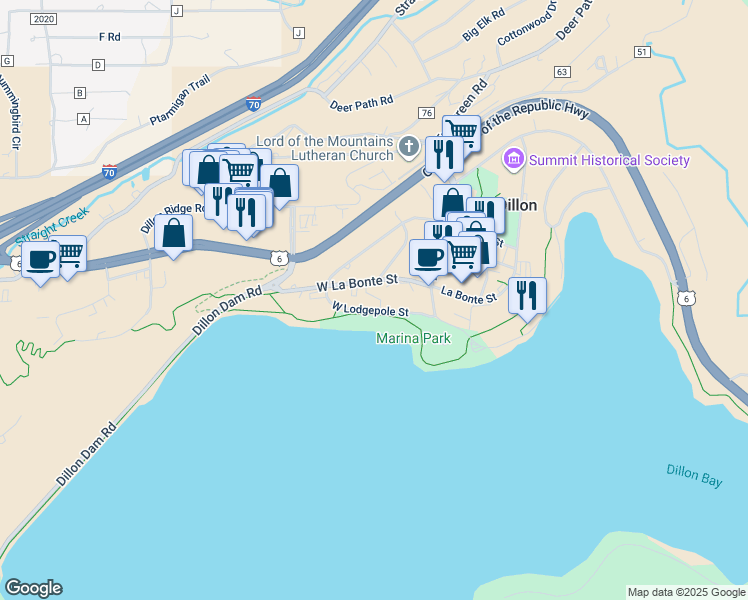 map of restaurants, bars, coffee shops, grocery stores, and more near 104 Lodgepole Street in Dillon