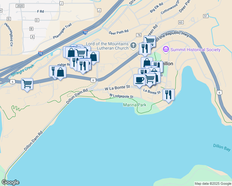 map of restaurants, bars, coffee shops, grocery stores, and more near 104 Lodgepole Street in Dillon