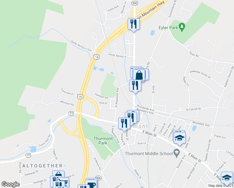 map of restaurants, bars, coffee shops, grocery stores, and more near 6 North Altamont Avenue in Thurmont