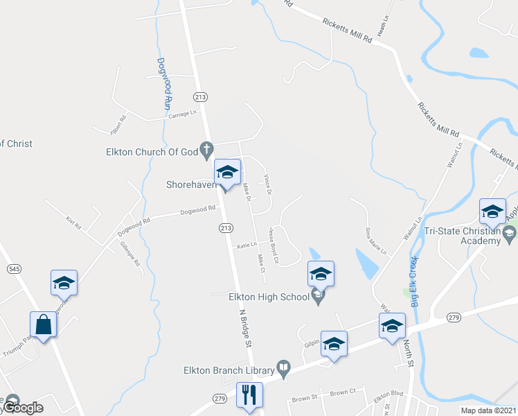 map of restaurants, bars, coffee shops, grocery stores, and more near 111 Vince Dr in Elkton
