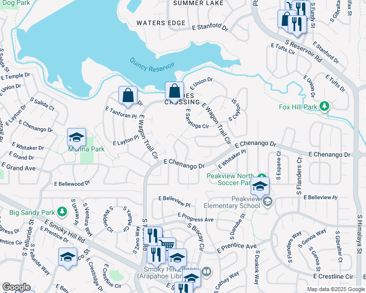 map of restaurants, bars, coffee shops, grocery stores, and more near 4880 South Bahama Way in Aurora