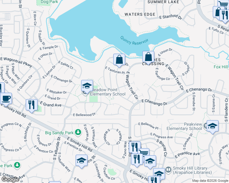 map of restaurants, bars, coffee shops, grocery stores, and more near 18358 East Layton Place in Aurora