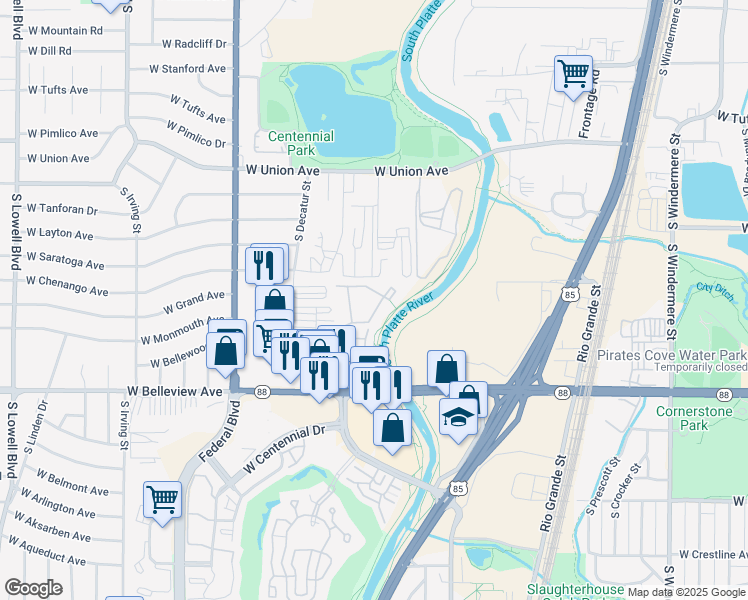 map of restaurants, bars, coffee shops, grocery stores, and more near 4957 South Prince Court in Littleton