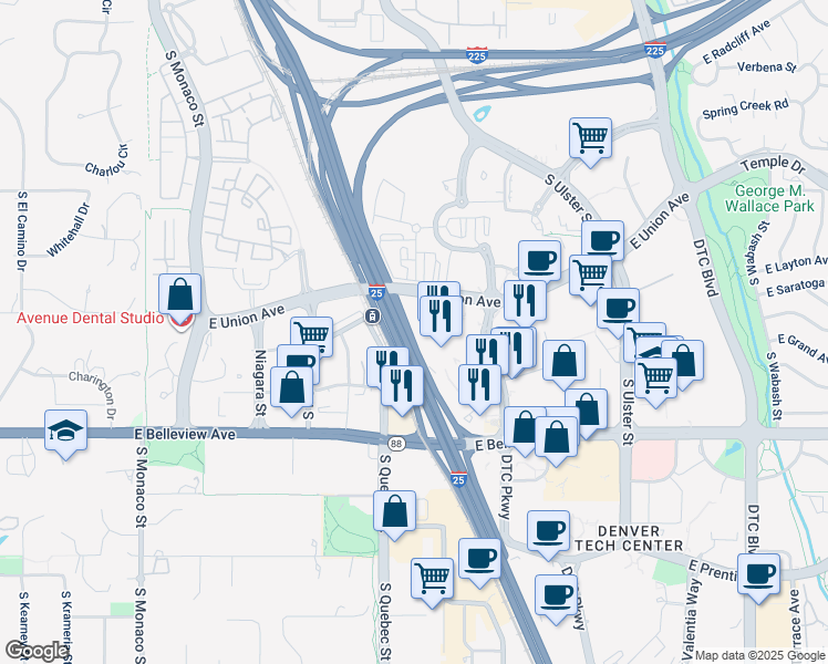 map of restaurants, bars, coffee shops, grocery stores, and more near 4900 Dtc Parkway in Denver