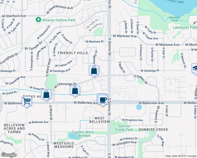map of restaurants, bars, coffee shops, grocery stores, and more near 11706 West Chenango Drive in Morrison