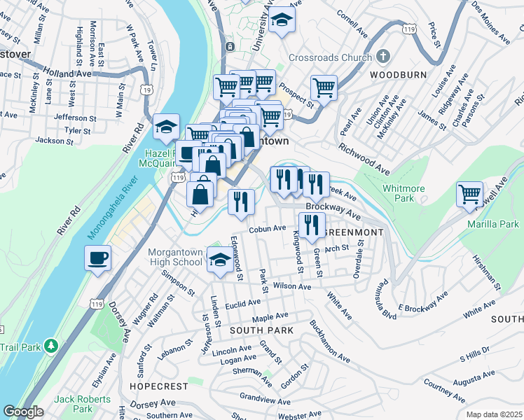 map of restaurants, bars, coffee shops, grocery stores, and more near 100-102 Maryland Street in Morgantown