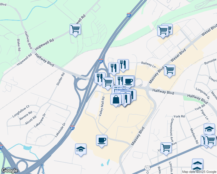 map of restaurants, bars, coffee shops, grocery stores, and more near 1730 Valley Mall Road in Hagerstown