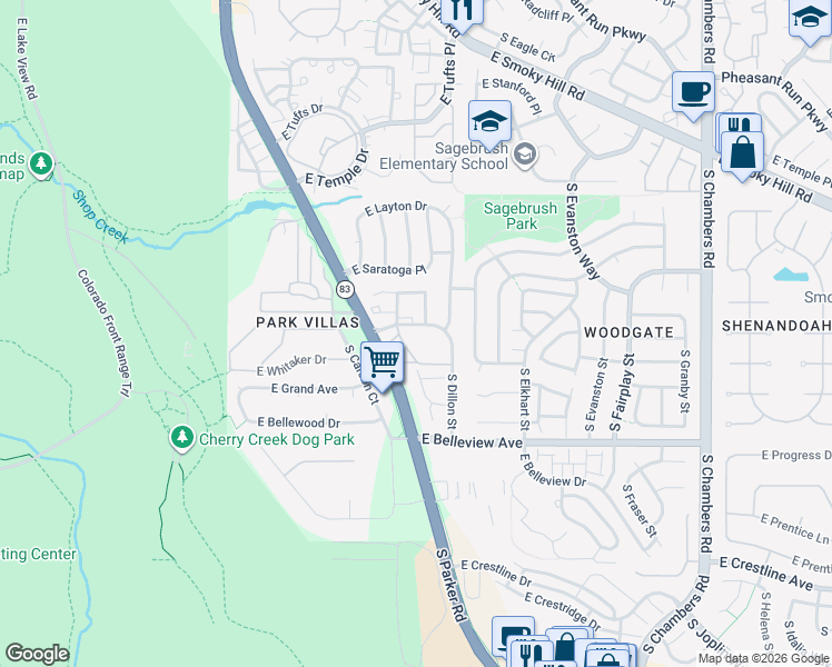map of restaurants, bars, coffee shops, grocery stores, and more near 14256 East Whitaker Place in Aurora