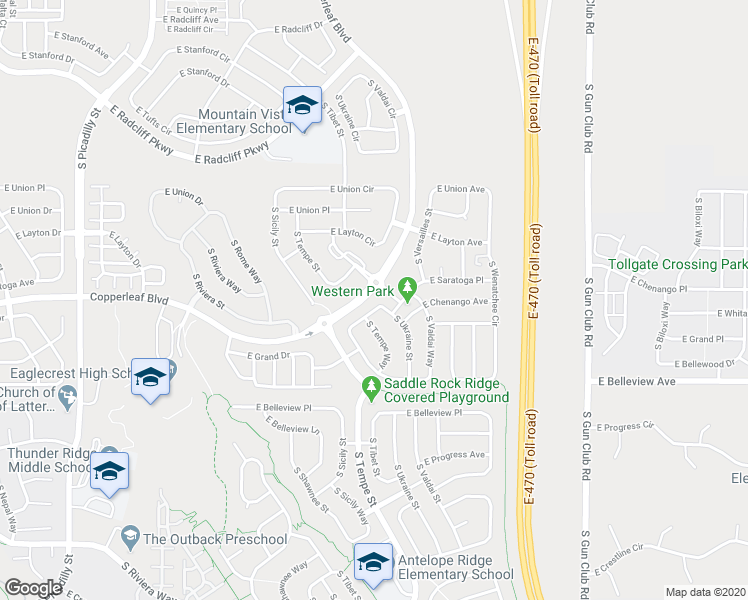 map of restaurants, bars, coffee shops, grocery stores, and more near 22491 East Chenango Drive in Aurora