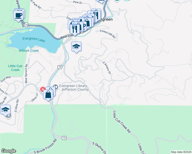 map of restaurants, bars, coffee shops, grocery stores, and more near 27959 Creekside Lane in Evergreen
