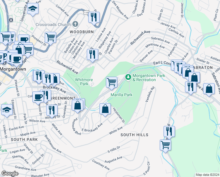 map of restaurants, bars, coffee shops, grocery stores, and more near 727 Powell Avenue in Morgantown