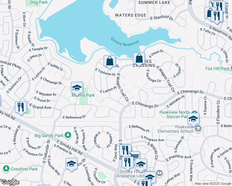 map of restaurants, bars, coffee shops, grocery stores, and more near 18544 East Layton Place in Aurora