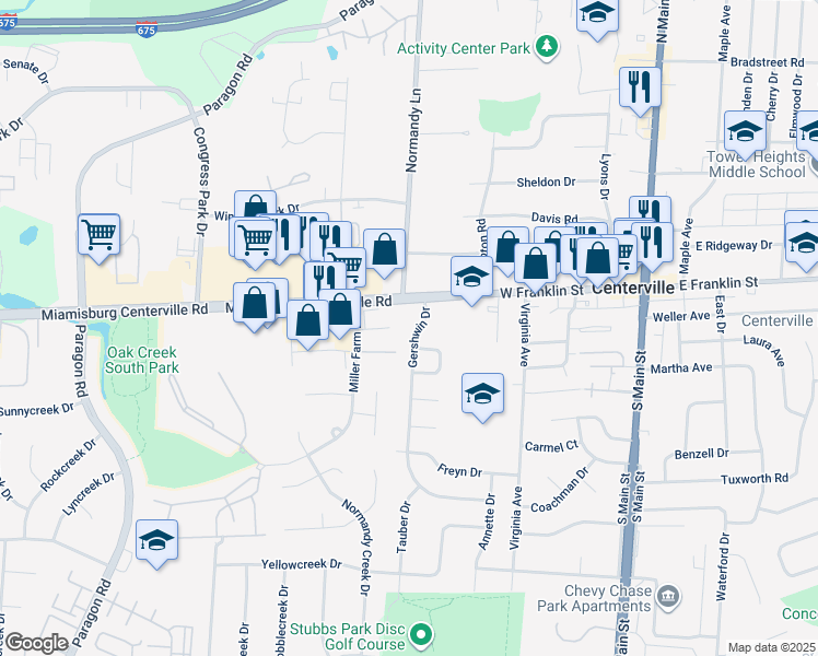 map of restaurants, bars, coffee shops, grocery stores, and more near 31 Gershwin Drive in Dayton