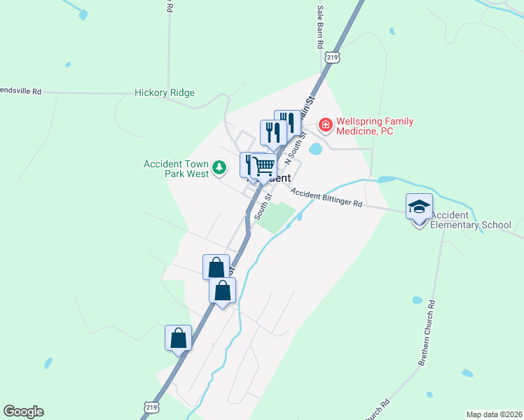 map of restaurants, bars, coffee shops, grocery stores, and more near 203 South Street in Accident