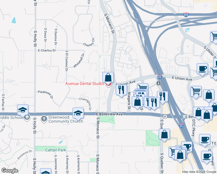 map of restaurants, bars, coffee shops, grocery stores, and more near 4725 South Monaco Street in Denver