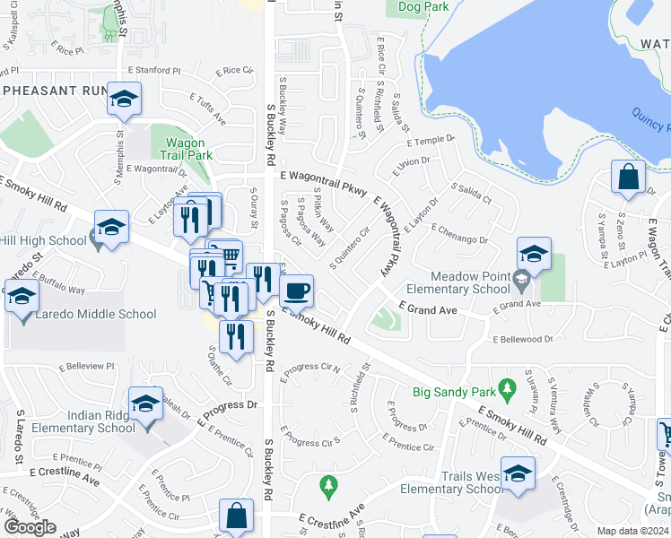 map of restaurants, bars, coffee shops, grocery stores, and more near 4894 South Quintero Circle in Aurora