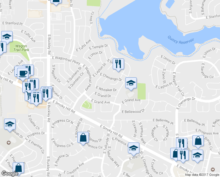 map of restaurants, bars, coffee shops, grocery stores, and more near 17541 East Whitaker Drive in Aurora