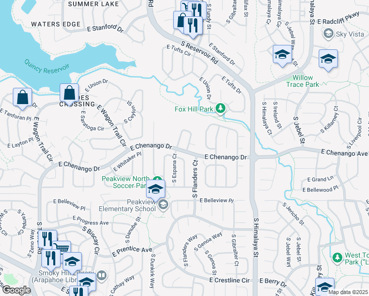 map of restaurants, bars, coffee shops, grocery stores, and more near 4895 South Espana Lane in Centennial