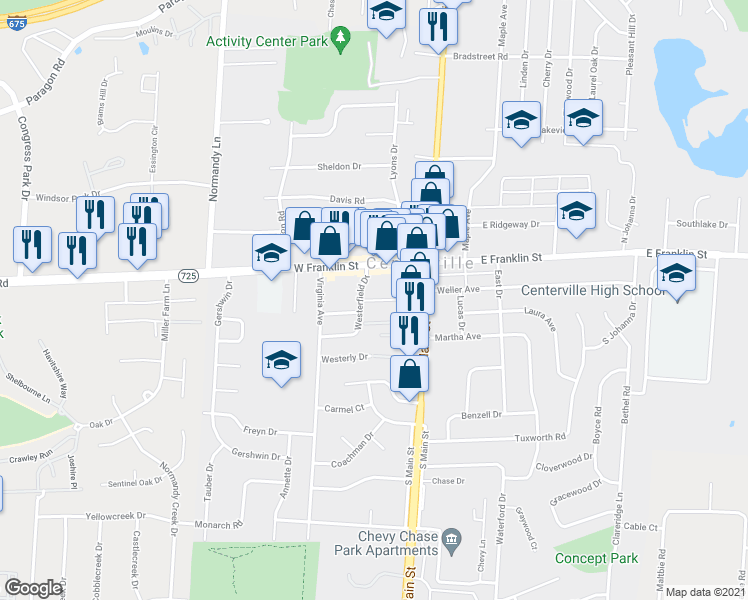 map of restaurants, bars, coffee shops, grocery stores, and more near 37 Country Manor Lane in Centerville