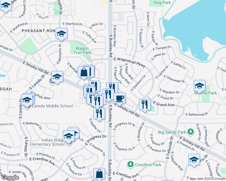 map of restaurants, bars, coffee shops, grocery stores, and more near 16966 East Piedmont Drive in Aurora
