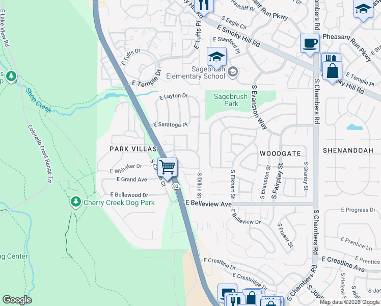 map of restaurants, bars, coffee shops, grocery stores, and more near 14256 East Whitaker Place in Aurora