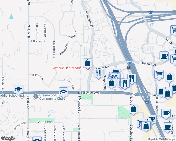 map of restaurants, bars, coffee shops, grocery stores, and more near 4725 South Monaco Street in Denver