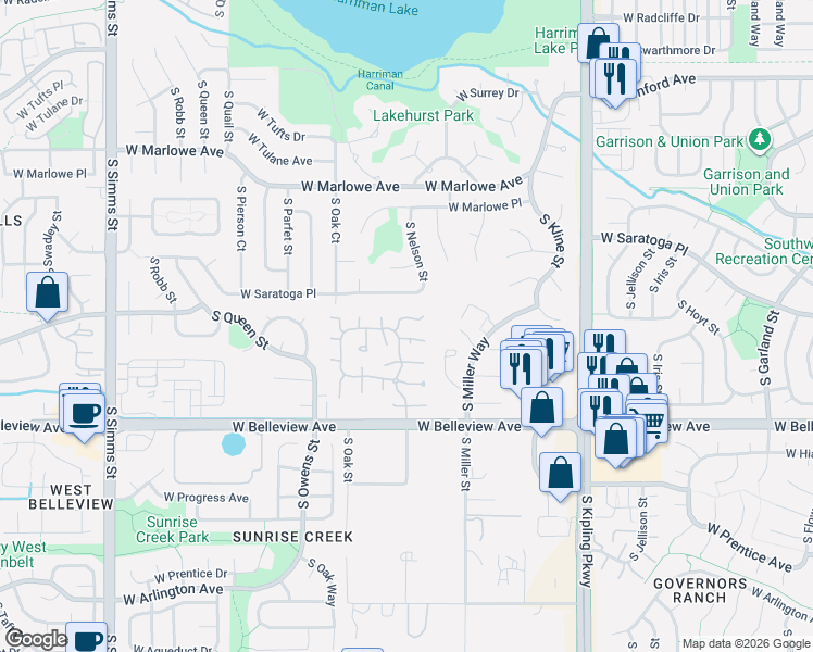 map of restaurants, bars, coffee shops, grocery stores, and more near 4956 South Nelson Street in Littleton