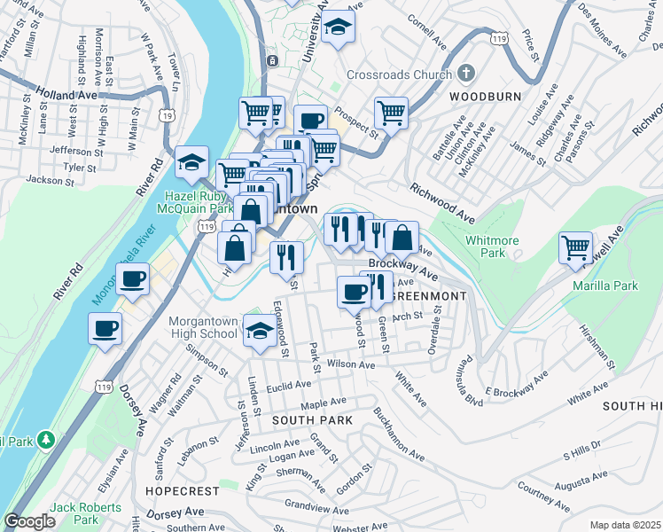 map of restaurants, bars, coffee shops, grocery stores, and more near 113 South Walnut Street in Morgantown