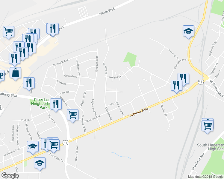 map of restaurants, bars, coffee shops, grocery stores, and more near 1507 Wellington Road in Hagerstown