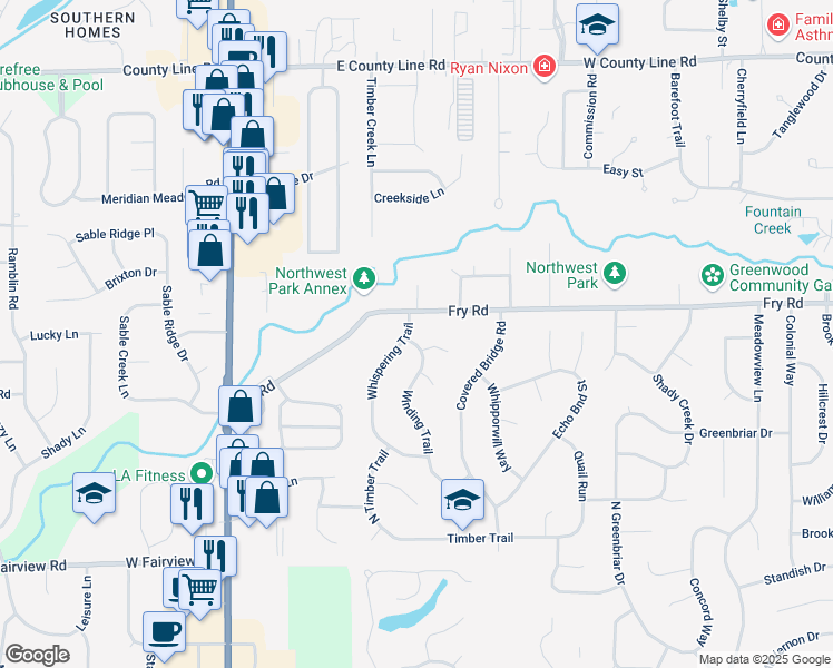 map of restaurants, bars, coffee shops, grocery stores, and more near 741 Winding Trail in Greenwood