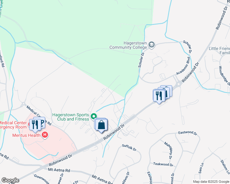 map of restaurants, bars, coffee shops, grocery stores, and more near 20207 Huntington Court in Hagerstown