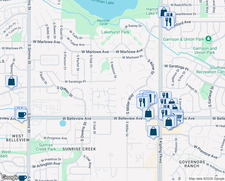 map of restaurants, bars, coffee shops, grocery stores, and more near 10605 West Dumbarton Circle in Littleton