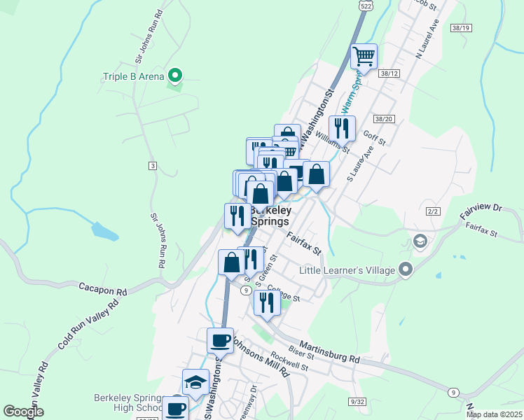 map of restaurants, bars, coffee shops, grocery stores, and more near 15 North Washington Street in Berkeley Springs