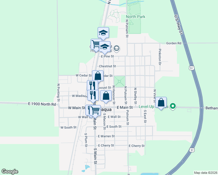 map of restaurants, bars, coffee shops, grocery stores, and more near 250 Locust Street in Moweaqua