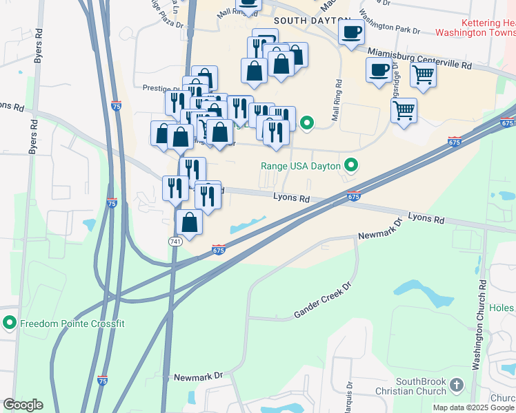 map of restaurants, bars, coffee shops, grocery stores, and more near 2718 Lyons Road in Miamisburg