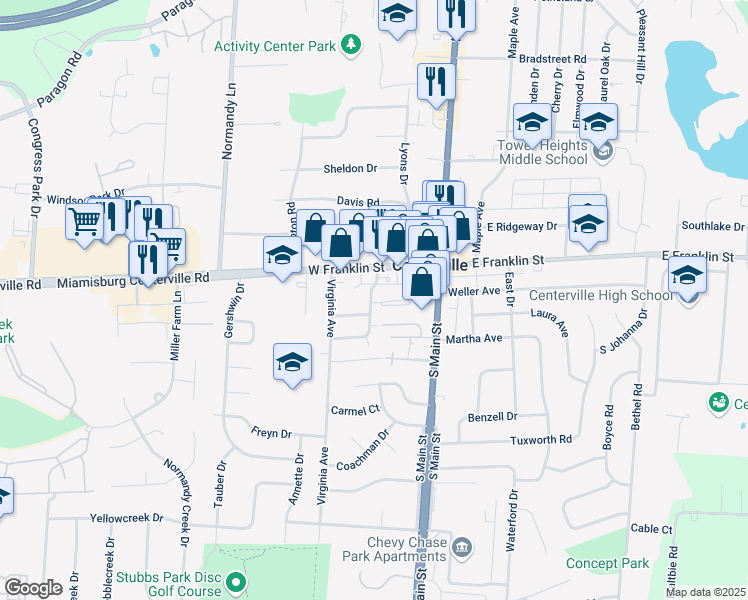 map of restaurants, bars, coffee shops, grocery stores, and more near 3 Country Manor Lane in Dayton