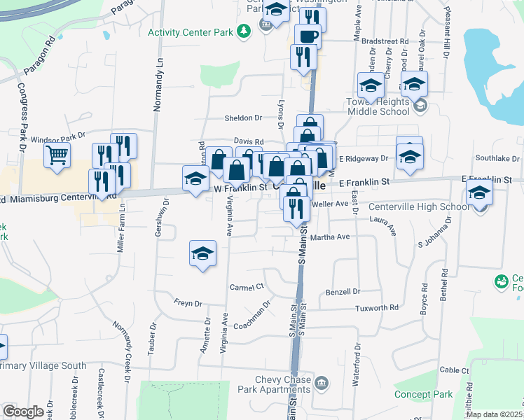 map of restaurants, bars, coffee shops, grocery stores, and more near 7 Country Manor Lane in Dayton