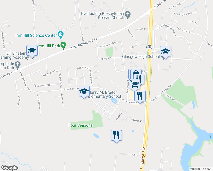 map of restaurants, bars, coffee shops, grocery stores, and more near 6600 Winterhaven Drive in Newark