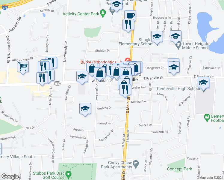map of restaurants, bars, coffee shops, grocery stores, and more near 13 Country Manor Lane in Dayton