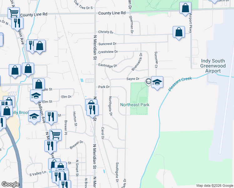 map of restaurants, bars, coffee shops, grocery stores, and more near 629 Gooseberry Lane in Greenwood