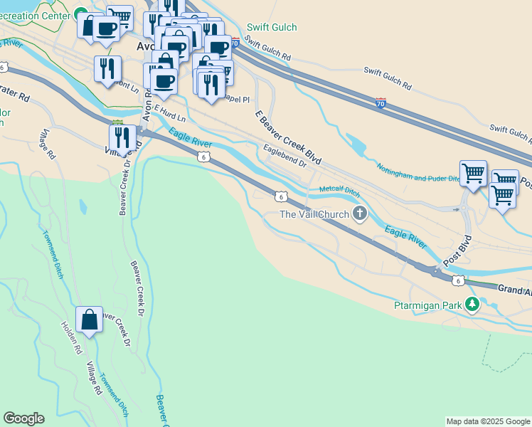 map of restaurants, bars, coffee shops, grocery stores, and more near 1429 Deer Boulevard in Avon