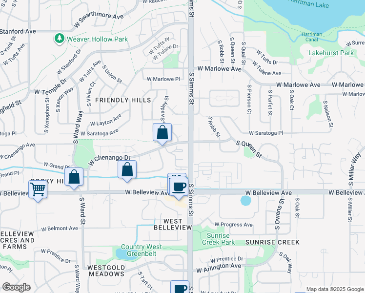 map of restaurants, bars, coffee shops, grocery stores, and more near 11716 West Chenango Drive in Morrison
