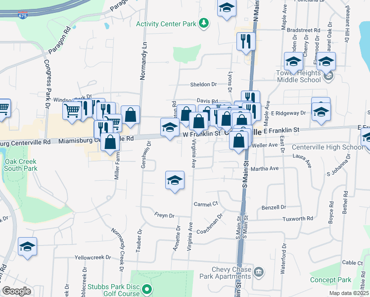 map of restaurants, bars, coffee shops, grocery stores, and more near 30 Weidner Lane in Dayton