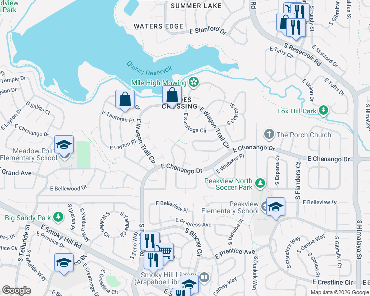 map of restaurants, bars, coffee shops, grocery stores, and more near 4880 South Bahama Way in Aurora