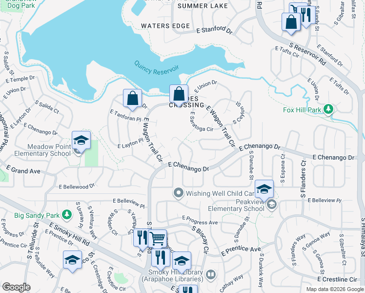 map of restaurants, bars, coffee shops, grocery stores, and more near 4877 South Argonne Street in Aurora
